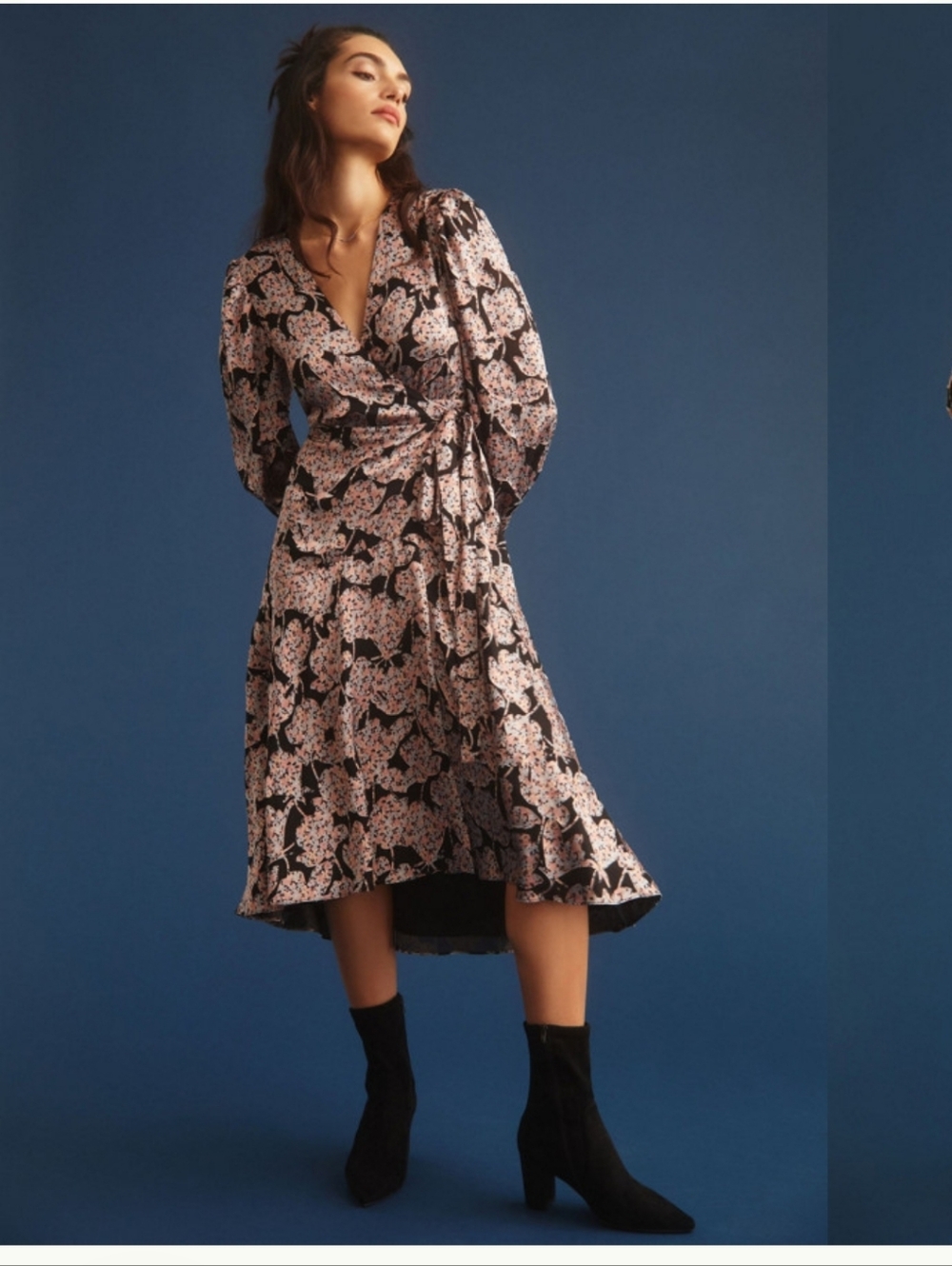 CABALLERO antropologie Floral Wrap Midi Dress in Black and Pink